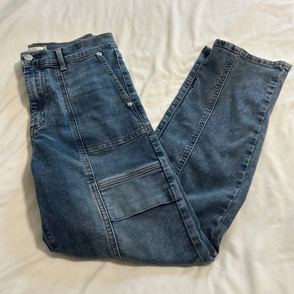 Jessica Simpson Harmony High Rise Slim Straight Cargo Jeans Blue Denim 6/28